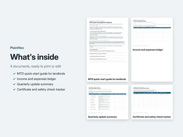 What is inside: quick-start guide, income and expenses ledger, quarterly update summary and certificate and safety check tracker