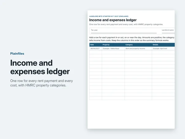 Income and expenses ledger page with one row per payment