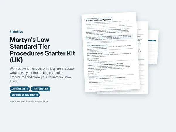 Martyn's Law Standard Tier Procedures Starter Kit product image showing the Capacity and Scope Worksheet
