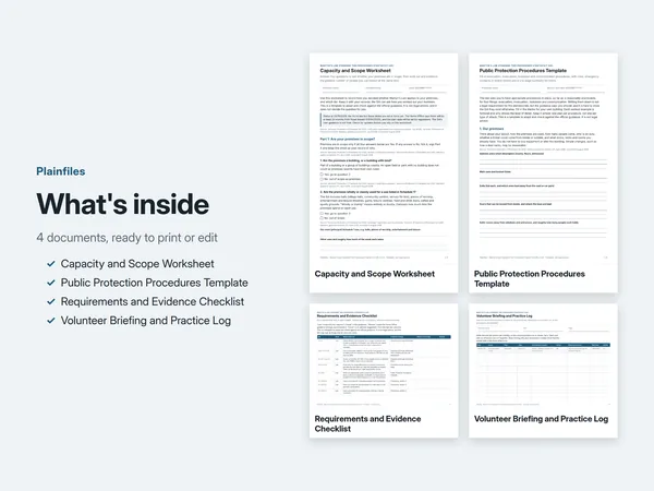 What is inside: capacity and scope worksheet, public protection procedures template, requirements and evidence checklist and volunteer briefing and practice log