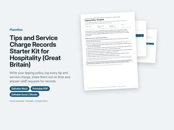 Tips and Service Charge Records Starter Kit product image showing the tipping policy template