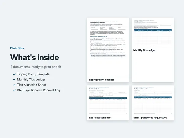 What is inside: tipping policy template, monthly tips ledger, tips allocation sheet and staff tips records request log