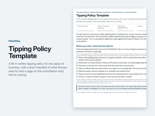 Tipping Policy Template page with a checklist of what the law asks for