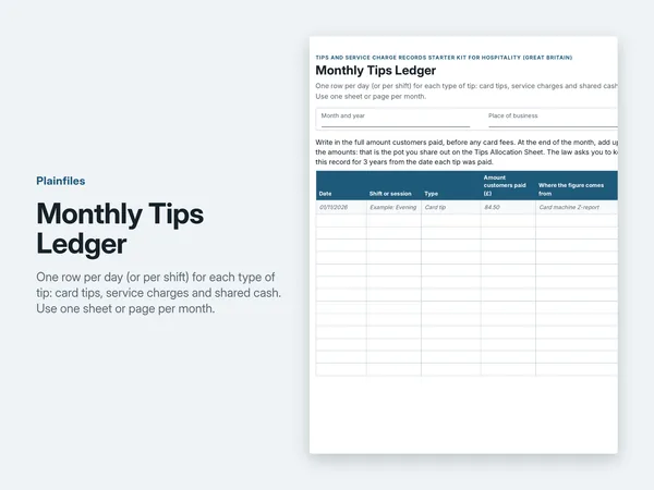 Monthly Tips Ledger page with one row per day or shift