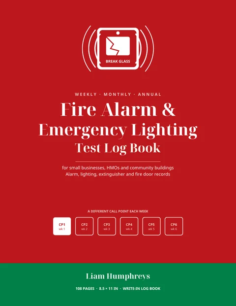 Front cover of the Fire Alarm and Emergency Lighting Test Log Book for Small UK Premises: red cover with a break glass call point