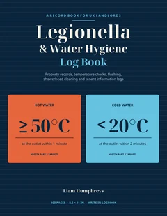 Front cover of the Legionella and Water Hygiene Log Book for UK Landlords: navy cover with hot and cold water temperature targets
