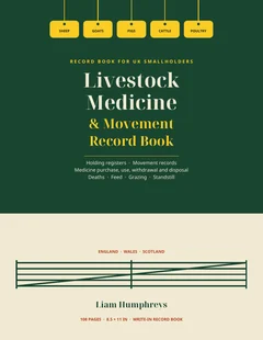 Front cover of the UK Smallholder Livestock Medicine and Movement Record Book: dark green cover with sheep, goats, pigs, cattle and poultry tags