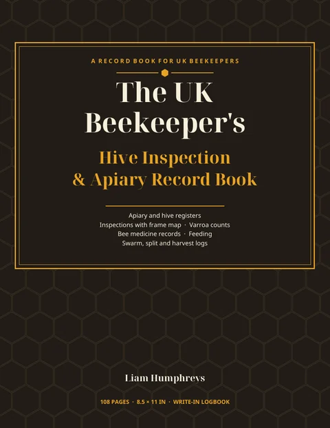 Front cover of The UK Beekeeper's Hive Inspection and Apiary Record Book: dark cover with gold honeycomb pattern